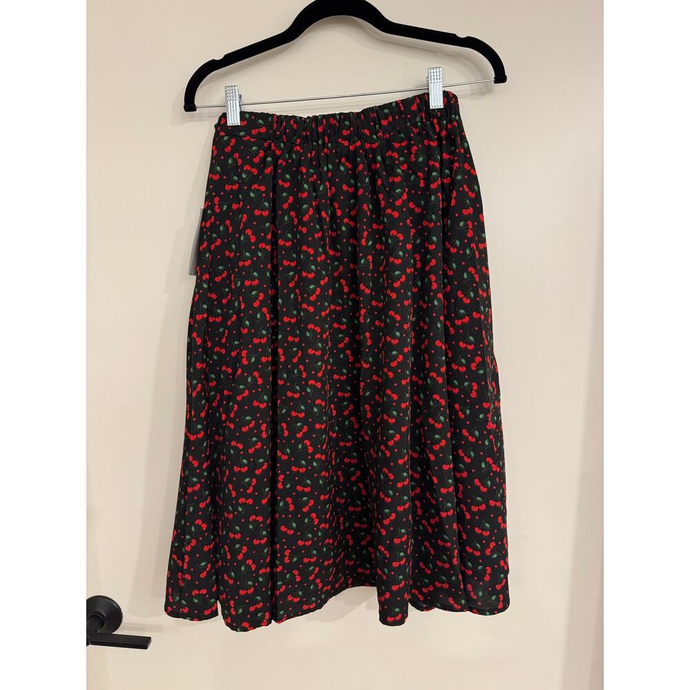 Tulip B Cherry Print Midi Skirt Small Black Red A-Line NWT Lined Retro - Picture 5 of 11